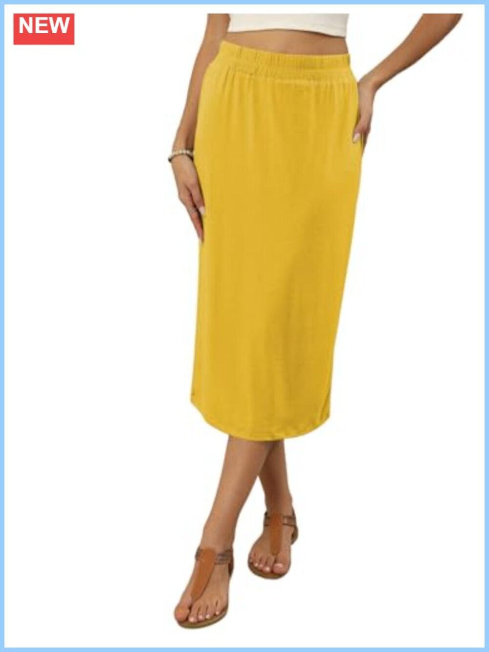 Naggoo Summer Midi Skirt High Waisted Elastic Straight Slit Casual